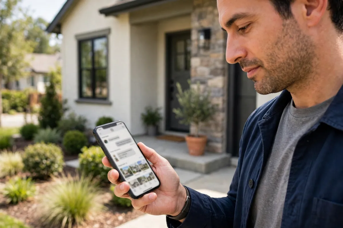 Man outside a house viewing a property website on his phone