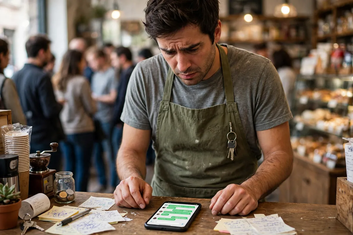 Stressed owner facing unanswered customer chats