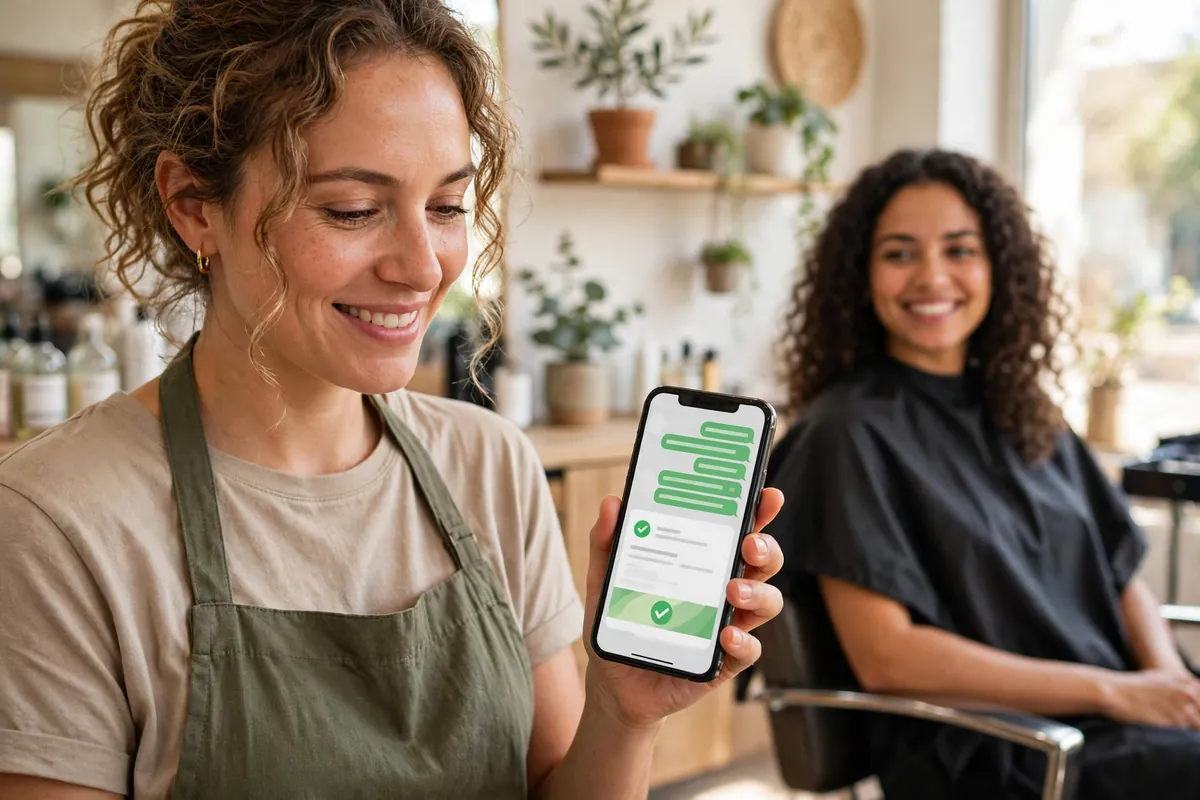 Phone chat confirming a customer request with a green check