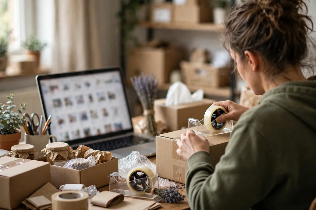 Owner packing online orders with the store open on a laptop