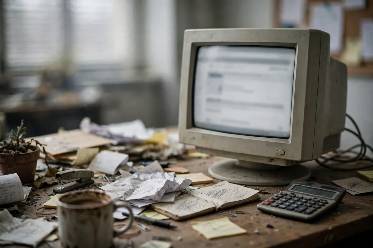 Cluttered desk, old computer and a dated website losing visitors