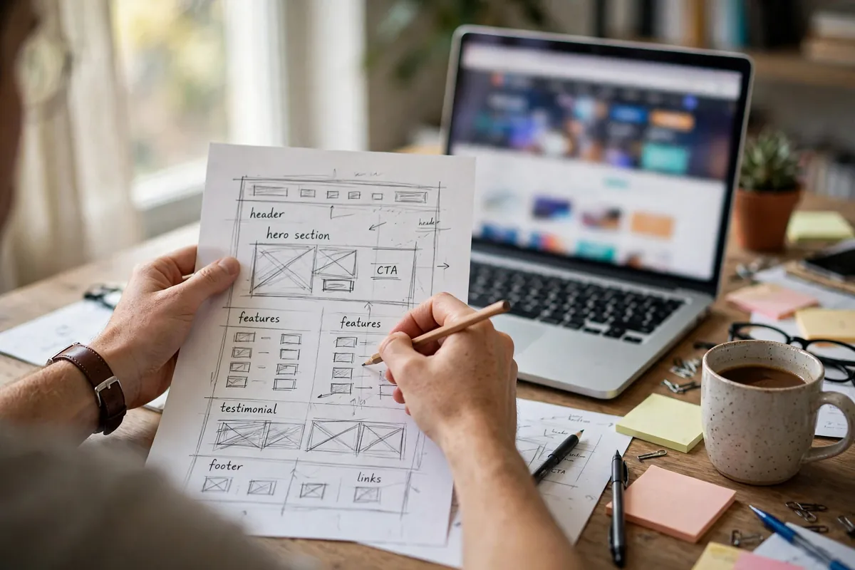Sketching a website wireframe on paper next to a laptop