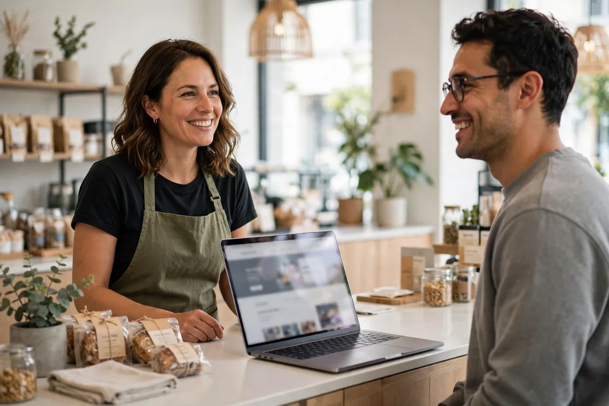 Proud owners with their clean new website on a laptop